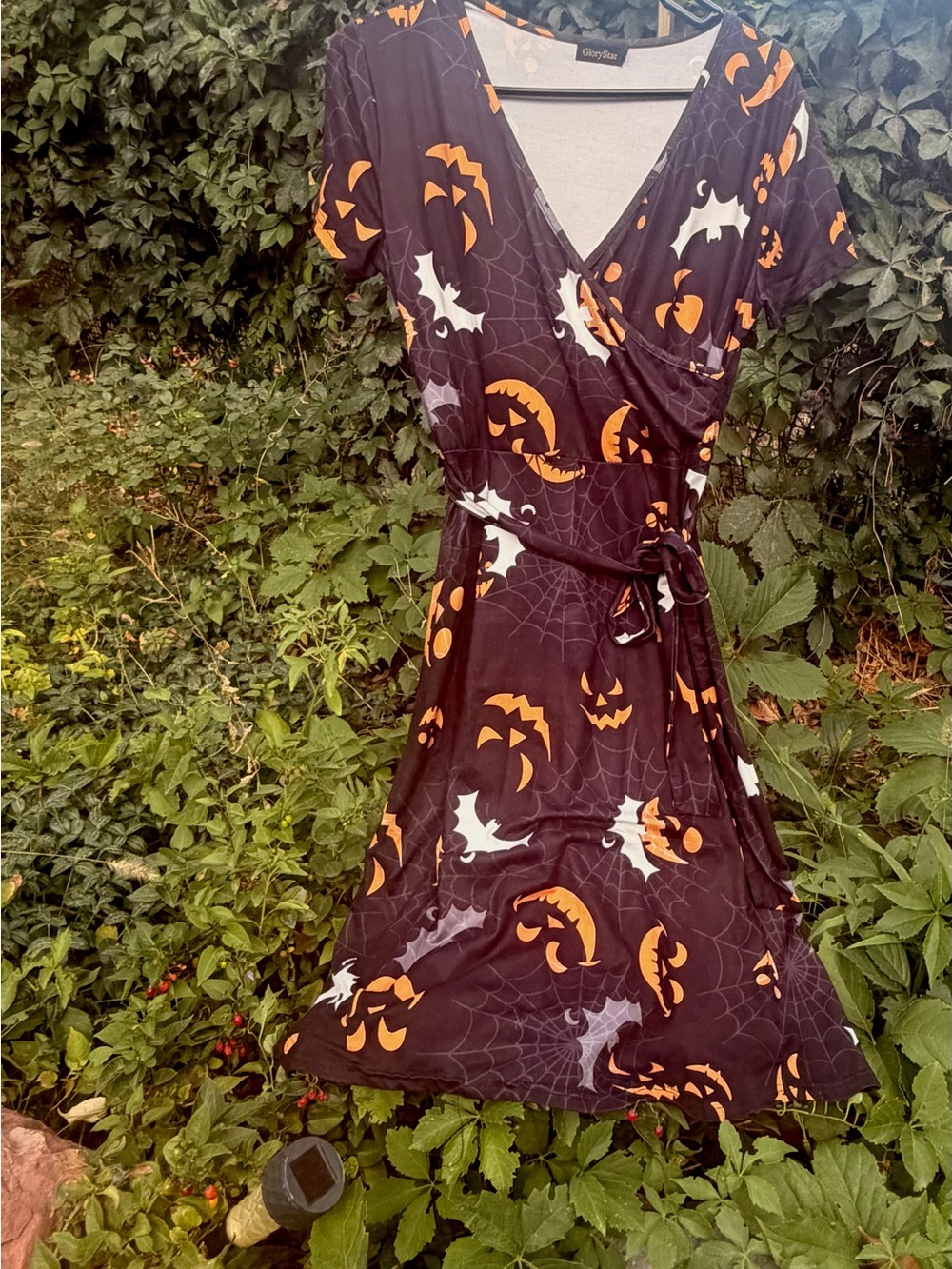 Women’s Black Halloween Wrap Dress with Orange & White Print